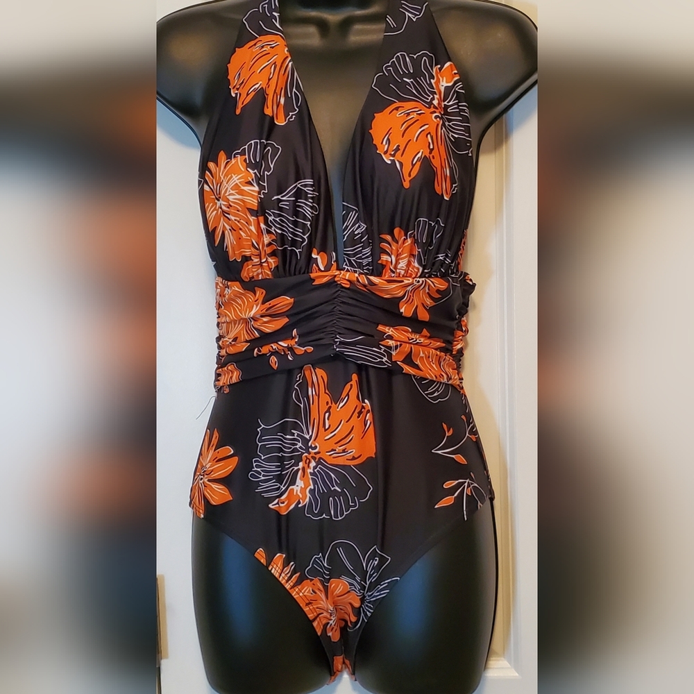 Beautiful MARINAVIDA One Piece Swimsuit Black & Orange Floral. Size Small - Picture 1 of 7